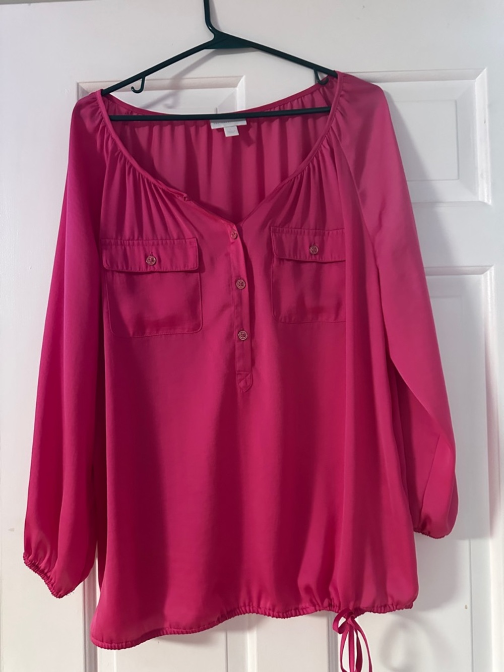New York & Company Hot Pink Button-Front Peasant Blouse